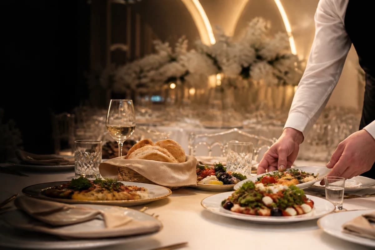 A server presenting food at a prepared wedding table